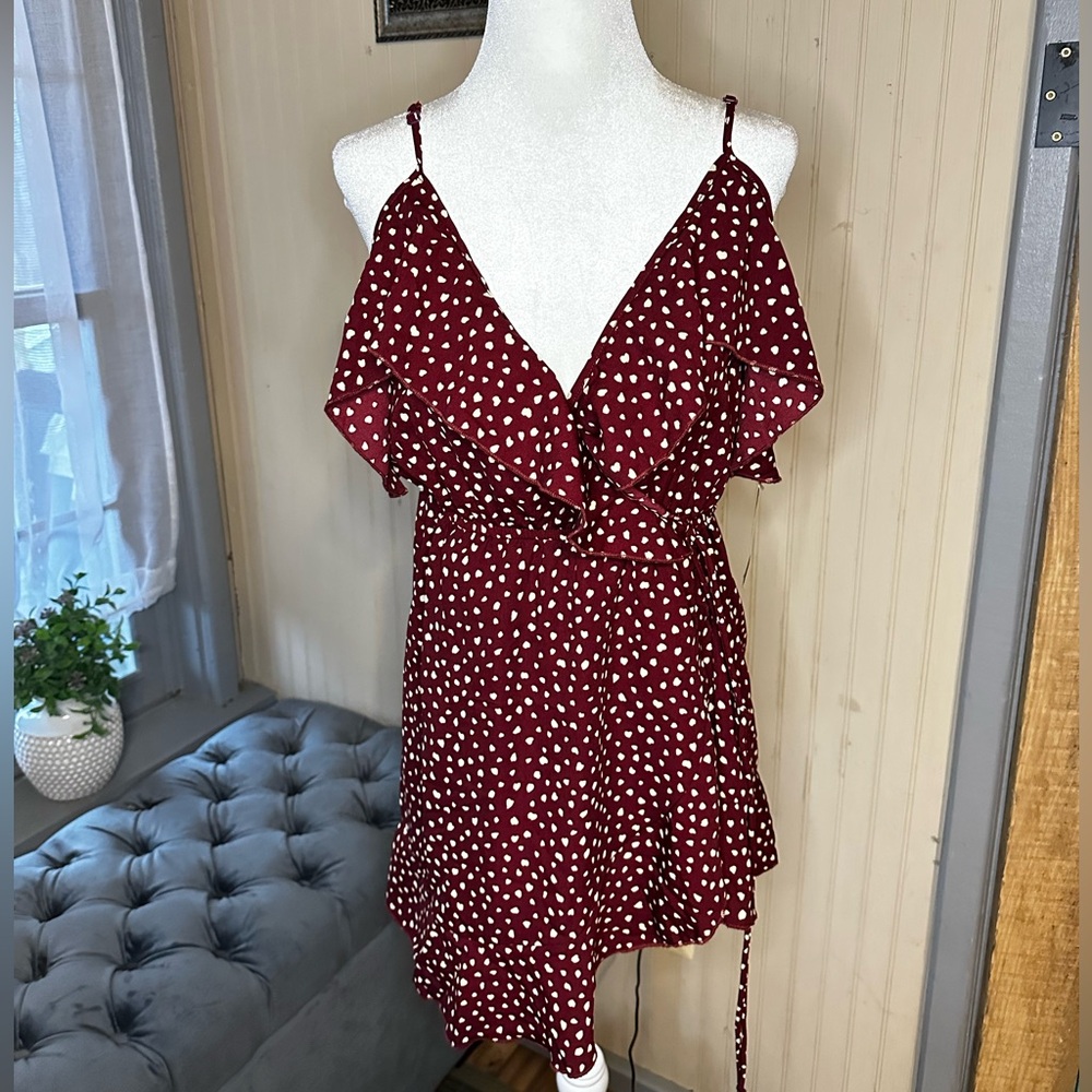 Rokoko by Dazz Burgundy Polka Dot Wrap Dress Cold Shoulder Size Small NWT